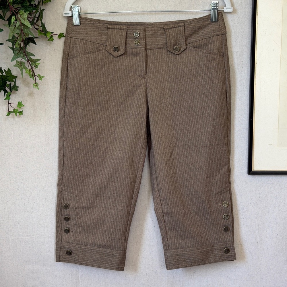 Brown Herringbone Capri Pants Button Detail Y2K Whimsy Twee S Fall Low Rise